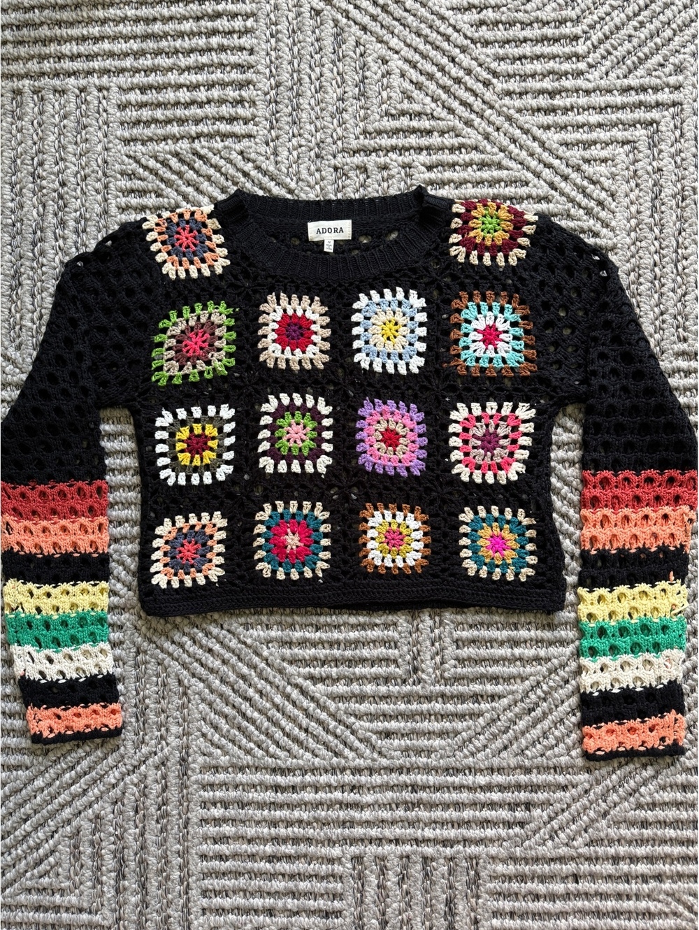 Adora Women's Chunky Knit Crochet Long Sleeve Crop Top BL1 Black Medium